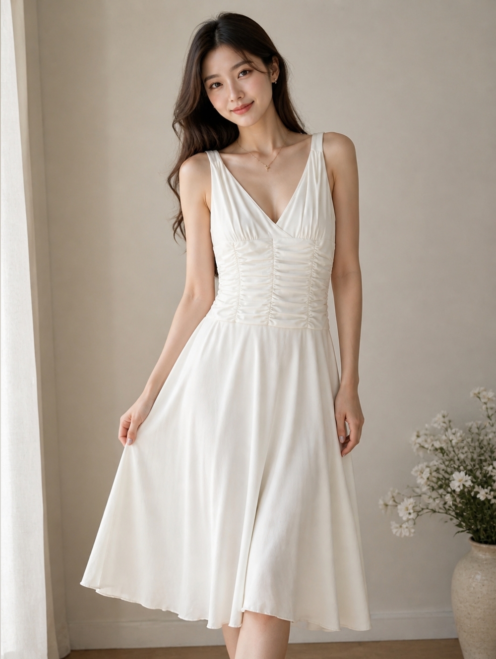 Speechless Cream V-Neck Ruched Waist Midi Dress